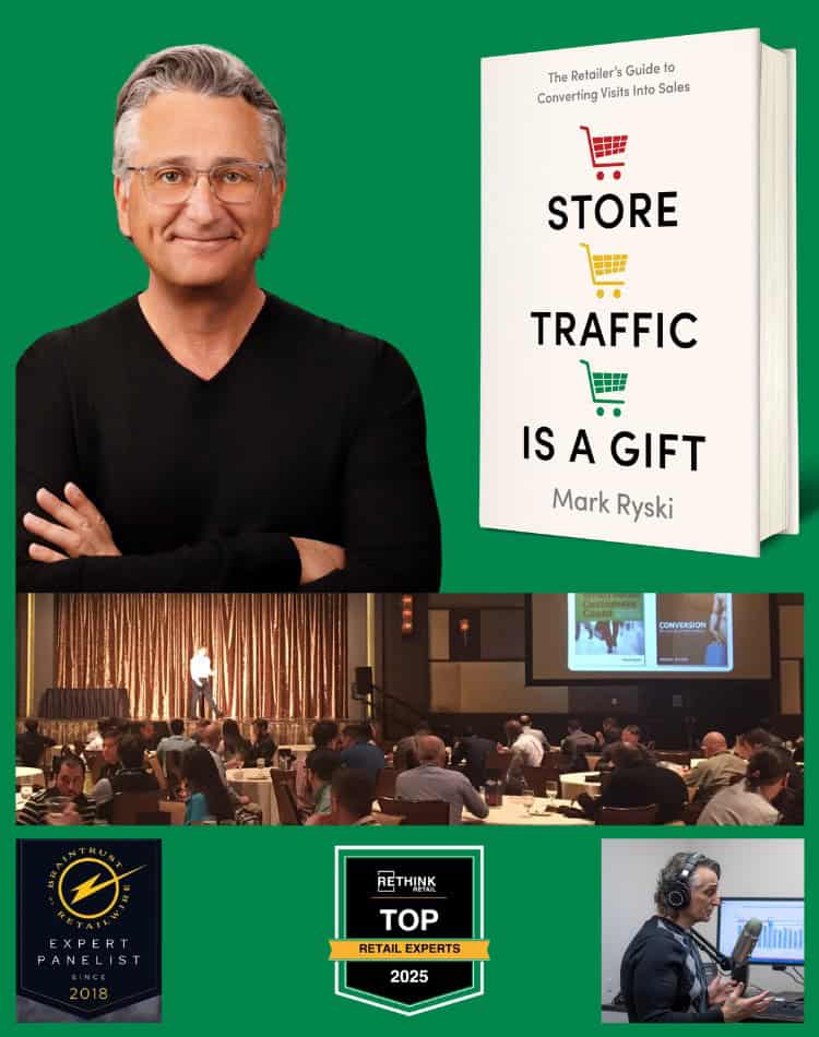 A collage of photos including a portrait photo of Mark Ryski, the "Store Traffic is a Gift" book cover, Mark speaking on a stage, the BrainTrust and Rethink Retail badges, and a photo of Mark speaking into a microphone at a desk.